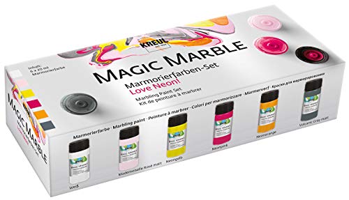 KREUL 73614 - Magic Marble Marmorierfarbe, Love Neon Set, 6 x 20 ml Farbe in weiß, neongelb, neonpink, neonorange, grau und rosé zum Tauchmarmorieren von Holz, Glas, Kunststoff, Papier und Styropor von Kreul