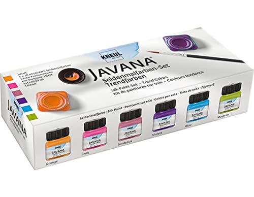 KREUL 81800 - Javana Seidenmalfarben, Set Trendfarben, 6 Farben im 20 ml Glas, 20 ml Konturenfarbe und ein Pinsel, hochpigmentierte brillante Farben, für Seide und helle Textilien von Kreul