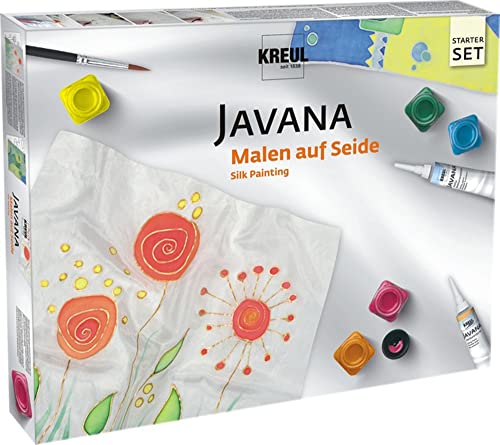KREUL 81845 - Javana Seidenmalfarben Grundausstattung, 5 x 20 ml Farbe, je 20 ml Konturenfarbe, Effektsalz und Gutta, ein Pinsel, zwei Seidenzuschnitte und Motivvorlagen sowie Spannnadeln von Kreul