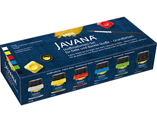 KREUL 90598 - Javana Stoffmalfarbe für helle und dunkle Stoffe, Grundfarbenset, 6 x 20 ml Farbe und ein Pinsel, brillante Farbe mit pastosem Charakter, nach Fixierung waschbeständig KREUL 90598 - Javana Stoffmalfarbe für helle und dunkle Stoffe, Grundfarbenset, 6 x 20 ml Farbe und ein Pinsel, brillante Farbe mit pastosem Charakter, nach Fixierung waschbeständig von Kreul