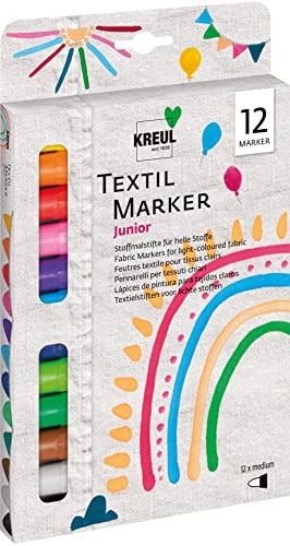 KREUL 90720 - Textil Marker medium Junior, 12 Stoffmalstifte für helle Textilien, mit großer unempfindlicher Faserspitze, Strichstärke circa 2-4 mm, waschecht nach Fixierung von Kreul