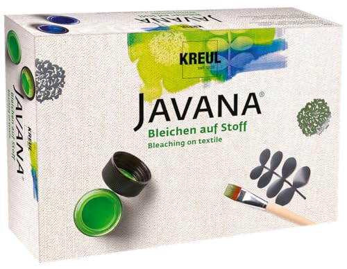 KREUL 91994 - Javana Bleichen auf Stoff, Kreativ Set für Seide, 2 x 50 ml Seidenmalfarbe in maigrün und lapisblau, 2 selbstklebende Schablonen, Synthetikpinsel und Ideenbroschüre von Kreul