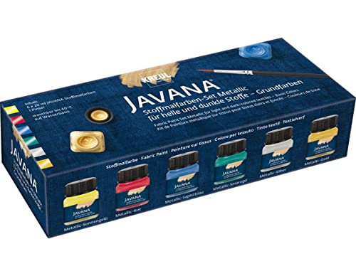 KREUL 92400 - Javana Stoffmalfarbe für helle und dunkle Stoffe, Grundfarbenset, brillante Farbe mit Metalliceffekt, pastoser Charakter, nach Fixierung waschbeständig, 6 x 20 ml Farbe und ein Pinsel KREUL 92400 - Javana Stoffmalfarbe für helle und dunkle Stoffe, Grundfarbenset, brillante Farbe mit Metalliceffekt, pastoser Charakter, nach Fixierung waschbeständig, 6 x 20 ml Farbe und ein Pinsel von Kreul