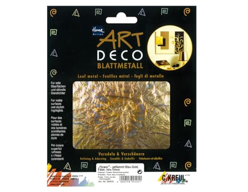 Kreul 99405 - Art Deco Blattmetall Flower geflammt, zum Veredelnvon Holz, Papier, Leinwand, Styropor, Wachs, Keramik und vielem mehr, 6 Blatt je ca. 14 x 14 cm, blau / gold von Kreul