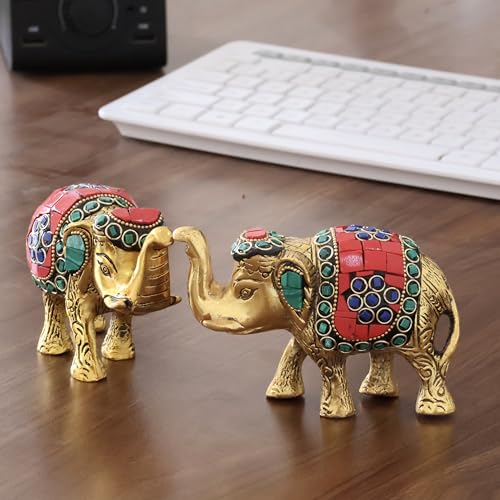KridayKraft Metall-Elefant mit Steinwerk, Schaustück für Zuhause/Büro und Tischdekoration (Set mit 2 Stück, mehrfarbig, klein) von KridayKraft