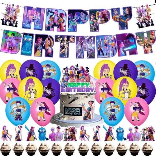 Kpop de-mons hunters geburtstags deko,Kpop Party Deko mit Banner,Cake Topper & Hintergrund,Huntrix Anime joyeux anniversaire decoration Perfekte Geburtstags Party Dekoration für Kinder & Fans von Krilucly