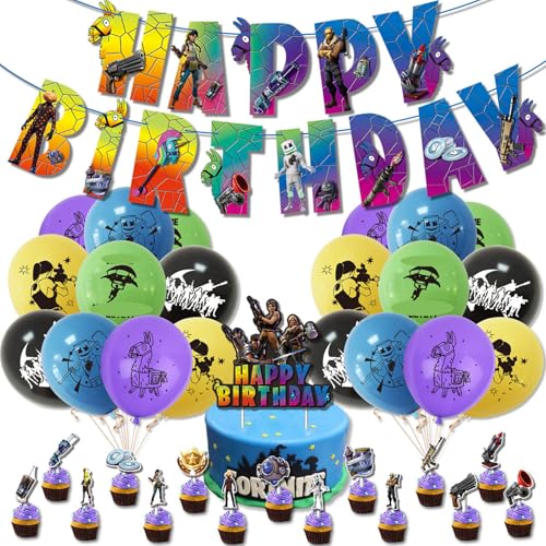 Krilucly 37 Stück Geburtstagsdekoration, Fortnit, Partydekoration, Geburtstag, Party, Supplies, Dekoration, Banner, Geburtstag, Luftballons, Kuchendekoration für Kinder, Jungen, Mädchen von Krilucly