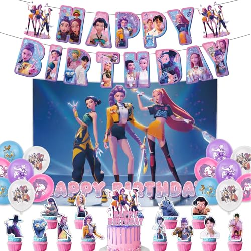 Krilucly Kpop de-mons hunters geburtstags deko,Kpop Party Deko mit Banner,Cake Topper & Hintergrund,Huntrix Anime joyeux anniversaire decoration Perfekte Geburtstags Party Dekoration für Kinder & Fans von Krilucly