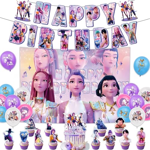 Krilucly Kpop de-mons hunters geburtstags deko,Kpop Party Deko mit Banner,Cake Topper & Hintergrund,Huntrix Anime joyeux anniversaire decoration Perfekte Geburtstags Party Dekoration für Kinder & Fans von Krilucly