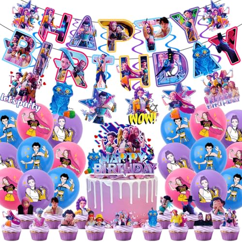 Krilucly Kpop de-mons hunters geburtstags deko,Kpop Party Deko mit Banner,Cake Topper & Hintergrund,Huntrix Anime joyeux anniversaire decoration Perfekte Geburtstags Party Dekoration für Kinder & Fans von Krilucly
