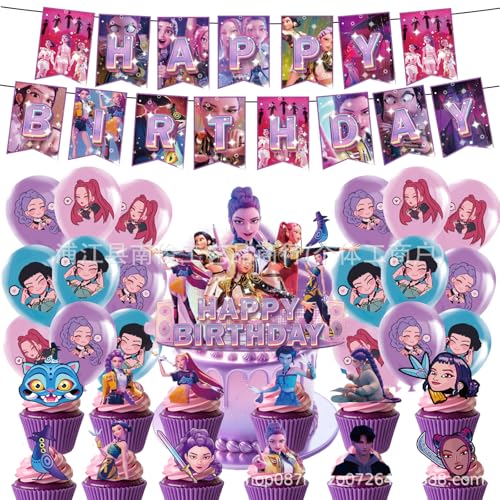 Krilucly Kpop de-mons hunters geburtstags deko,Kpop Party Deko mit Banner,Cake Topper & Hintergrund,Huntrix Anime joyeux anniversaire decoration Perfekte Geburtstags Party Dekoration für Kinder & Fans von Krilucly