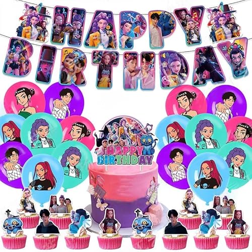 Krilucly Kpop de-mons hunters geburtstags deko,Kpop Party Deko mit Banner,Cake Topper & Hintergrund,Huntrix Anime joyeux anniversaire decoration Perfekte Geburtstags Party Dekoration für Kinder & Fans von Krilucly