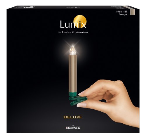 Krinner 74245 LUMIX DELUXE Basis-Set Champ IR, 10 champagnerfarbene, kabellose LED-Christbaumkerzen mit Infrarot-Fernbedienung & Batterien, in warm-weißen Licht von Lumix