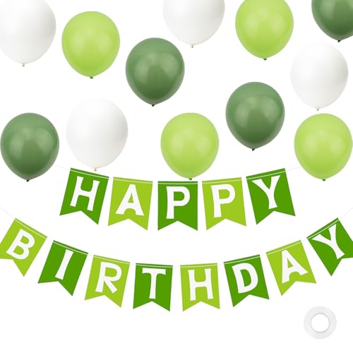 Grüne Happy Birthday Dekorationen, Happy Birthday Banner mit 12 Latexballons für Jungen Mädchen Geburtstag Party Dekorationen Pack von Kriovoa