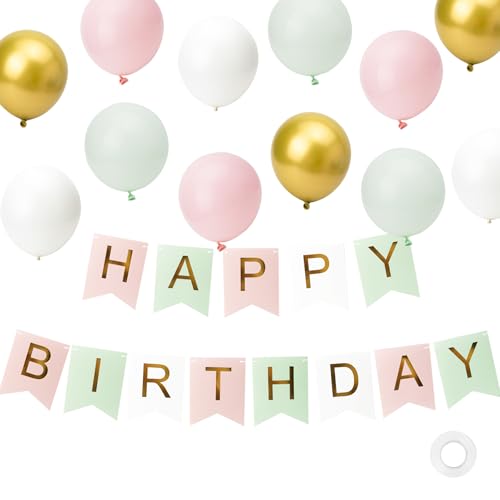 Happy Birthday Banner, Happy Birthday Dekorationen mit 12 Latexballons für Mädchen Frauen Grün Rosa Geburtstag Party Dekorationen Pack Happy Birthday Banner, Happy Birthday Dekorationen mit 12 Latexballons für Mädchen Frauen Grün Rosa Geburtstag Party Dekorationen Pack von Kriovoa