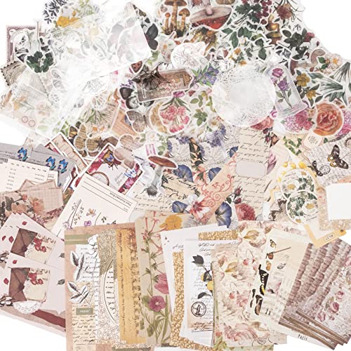 Kriovoa 340 Stück Vintage Scrapbooking Sticker Papier Set Retro Blumen Aufkleber Washi Dekopapier Scrapbooking Zubehör für Journaling Supplies Blume-Schmetterling-Pilz… von Kriovoa