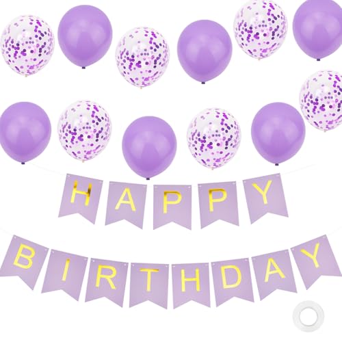 Lila Happy Birthday Banner, Happy Birthday Dekorationen mit 12 Latexballons für Frauen Mädchen Party Dekorationen Pack von Kriovoa