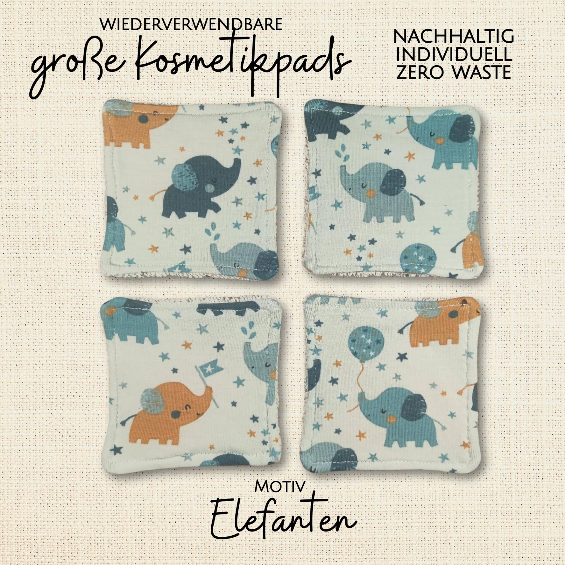 Große Kosmetikpads 4Er Set - Bio Baumwolle Bunt Waschbar Öko "Elefanten" Große Kosmetikpads 4Er Set - Bio Baumwolle Bunt Waschbar Öko "Elefanten" von Kristallnadel
