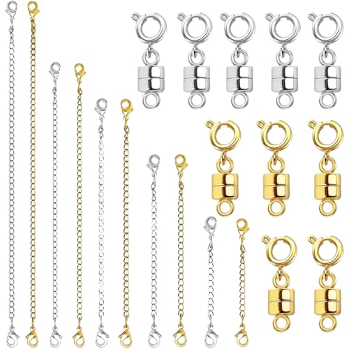 Krmoau Verlängerung Und Magnetverschluss, 20-teilige Kombination Aus Halskettenverlängerung Und Magnetischem Halskettenverschluss, Goldene Und Silberne Kettenverlängerung, Geeignet Für Halsketten von Krmoau