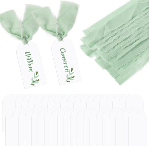 Blanko-Schilder, 50 Stück, Acryl-Tischkarten, transparente Hochzeitssitzkarten, grünes Band, Namensschilder, personalisierbar, für Tischeinstellungen, Lesezeichen und Menüs Blanko-Schilder, 50 Stück, Acryl-Tischkarten, transparente Hochzeitssitzkarten, grünes Band, Namensschilder, personalisierbar, für Tischeinstellungen, Lesezeichen und Menüs von Kronabelle
