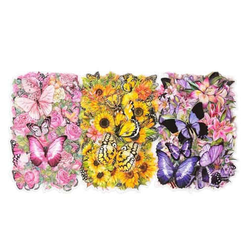 Kryzalite® 150 Stück Verschiedene Schmetterlings- und Blumenaufkleber, transparente Schmetterlinge, Florale Harzaufkleber, ästhetische Journaling-Scrapbook-Aufkleber für die Kartenherstellung von Kryzalite