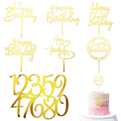 Kryzalite® 16 Stück goldene Happy Birthday-Kuchenaufsätze aus Acryl, Geburtstags-Cupcake-Topper für Geburtstagsfeiern, Kuchen, Desserts, Gebäck, Dekorationen (Gold) von Kryzalite