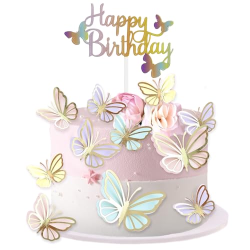 Kryzalite® 25 Stück Doppelschicht Schmetterlinge Tortendeko, Geburtstagsdeko Mädchen Happy Birthday Deko Dekoration für Cupcake Kuchen Dessert, für Geburtstag Party von Kryzalite