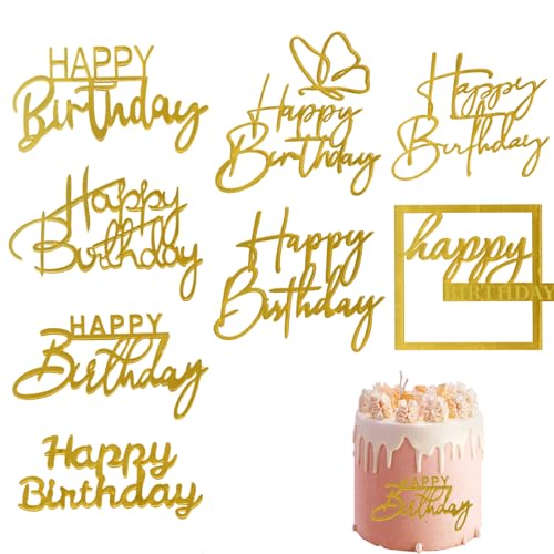 Kryzalite® 8 Stück goldene Happy Birthday-Kuchenaufsätze, Spiegel-Acryl-Kuchenaufsatz, seitliche Kuchendekorationen, Kuchendekorationszubehör, Cupcake-Topper für Geburtstagsfeier von Kryzalite