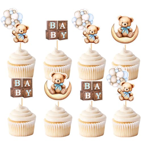 Kryzalite 36 Stück Babyparty-Bärchen-Cupcake-Topper, Auswahl an Babybären-Thema, Babyparty-Dekorationszubehör, Dschungeltier-Thema (blau) von Kryzalite