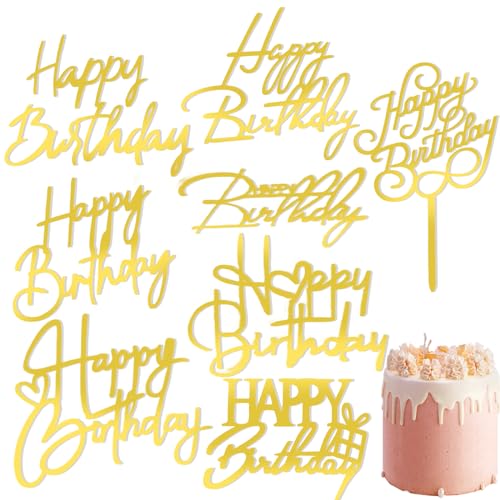 Kryzalite 8 Stück goldene Happy Birthday-Kuchenaufsätze, Spiegel-Acryl-Kuchenaufsätze, seitliche Kuchendekorationen, Kuchendekorationszubehör, für Geburtstagsfeier von Kryzalite