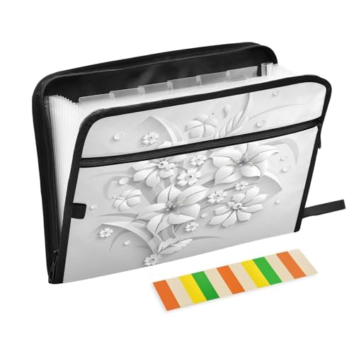 Fächermappe, 3D, fantastische weiße Blumen, Reißverschluss, Akkordeon-Dokumenten-Organizer, 13 Taschen, Briefgröße mit Klebeetiketten, Sommer von Ksajwzf
