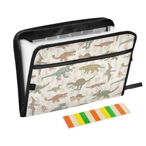 Fächermappe, Cartoon-Dinosaurier, Retro-Reißverschluss, Akkordeon-Dokumenten-Organizer, 13 Taschen, Briefgröße, mit Klebeetiketten, Tier-Dino von Ksajwzf