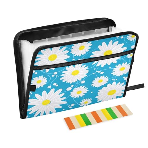 Fächermappe, Frühlingsblumen, Gänseblümchen, Reißverschluss, Akkordeon-Dokumenten-Organizer, 13 Taschen, Briefgröße mit Klebeetiketten, Sommerblau von Ksajwzf