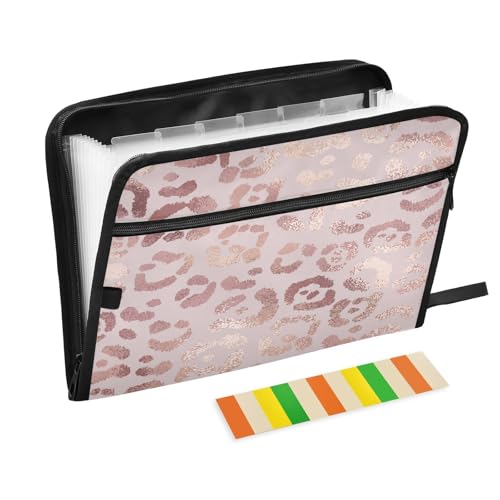 Fächermappe, Leopardenhaut, rotgoldener Reißverschluss, Akkordeon-Dokumenten-Organizer, 13 Taschen, Briefgröße mit Klebeetiketten, Tierhaut von Ksajwzf