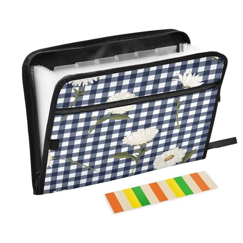 Fächermappe, Sommer, Gänseblümchen, kariert, Reißverschluss, Akkordeon-Dokumenten-Organizer, 13 Taschen, Briefformat, mit Klebeetiketten, Büffelblumenmuster von Ksajwzf