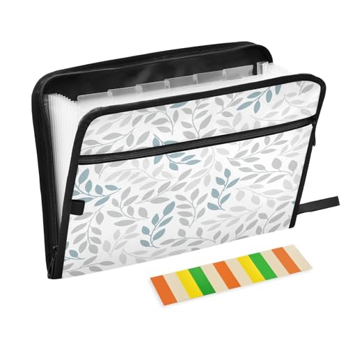 Fächermappe, grau und blau, Blätter, Zweige, Reißverschluss, Akkordeon-Dokumenten-Organizer, 13 Taschen, Briefgröße mit Klebeetiketten, graue Blätter, botanisch von Ksajwzf