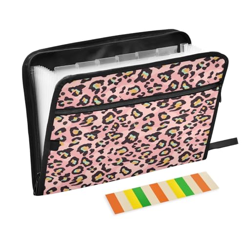 Fächermappe, modisch, Leopardenhaut, Reißverschluss, Akkordeon-Dokumenten-Organizer, 13 Taschen, Briefgröße, mit Klebeetiketten, Tierhaut von Ksajwzf