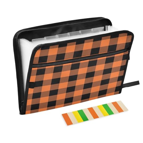 Fächermappe, strukturiertes Büffelkaro, Orange, Reißverschluss, Akkordeon-Dokumenten-Organizer, 13 Taschen, Briefgröße, mit Klebeetiketten, kariert von Ksajwzf