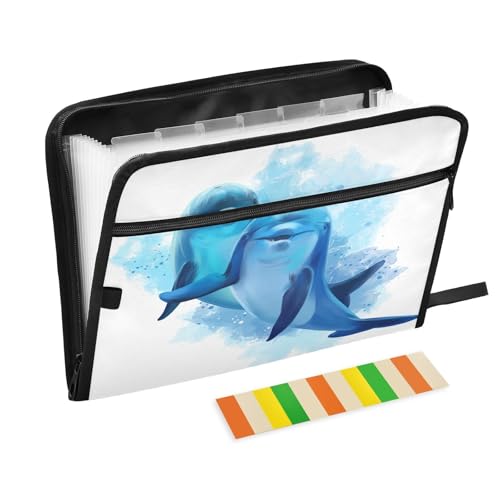Fächermappe Aquarell-Delfin-Reißverschluss, Akkordeon-Dokumenten-Organizer, 13 Taschen, Briefgröße mit Klebeetiketten, Delfin-Tier von Ksajwzf