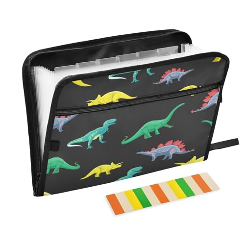 Fächermappe Dinosaurier, Cartoon-Charaktere, Reißverschluss, Akkordeon-Dokumenten-Organizer, 13 Taschen, Briefgröße, mit Klebeetiketten, Tier von Ksajwzf