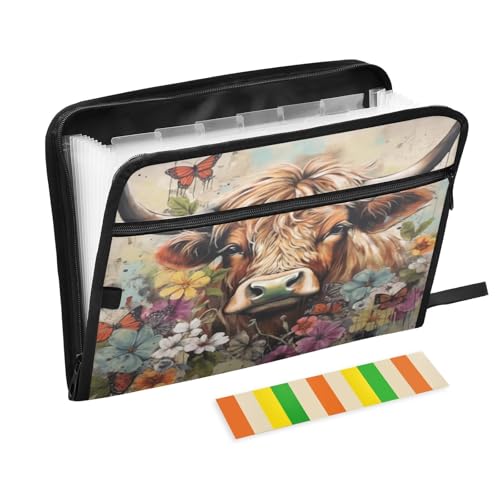 Fächermappe Highland Cow Graffiti Floral Reißverschluss Akkordeon Dokumenten-Organizer 13 Taschen Briefgröße mit Klebeetiketten Western Farm von Ksajwzf