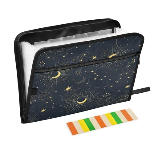 Fächermappe Mystischer Mond Pflanzen Sterne Reißverschluss Akkordeon Dokumenten-Organizer 13 Taschen Briefgröße mit Klebeetiketten Schwarz von Ksajwzf