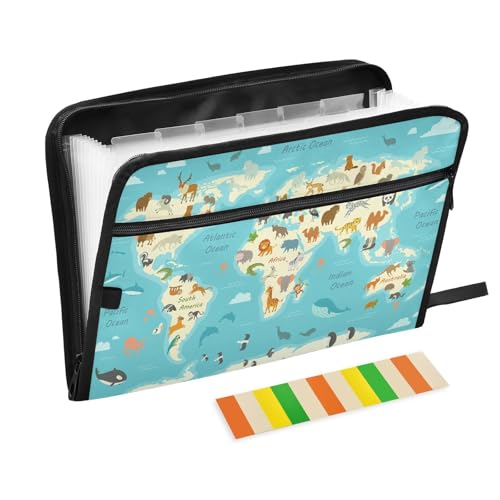 Fächermappe Weltkarte Tier-Reißverschluss Akkordeon-Dokumenten-Organizer 13 Taschen Briefgröße mit Klebeetiketten Bildung von Ksajwzf