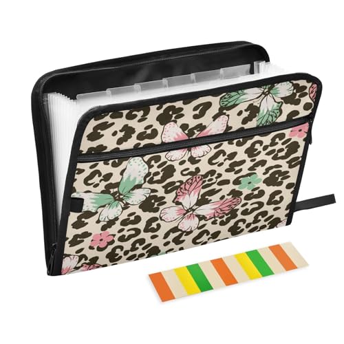 Fächermappe mit Schmetterlingen, Blumen, Leopardenmuster, Reißverschluss, Akkordeon-Dokumenten-Organizer, 13 Taschen, Briefgröße, mit Klebeetiketten, Blumenmuster von Ksajwzf