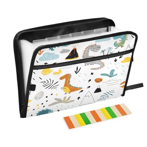 Fächermappe mit tropischem Dinosaurier-Reißverschluss, Akkordeon-Dokumenten-Organizer, 13 Taschen, Briefgröße mit Klebeetiketten, Tier-Dino-Blättern von Ksajwzf