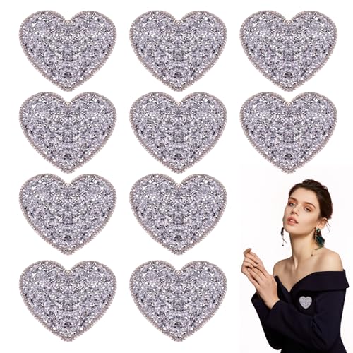 10 x Herz-Strass-Aufnäher zum Aufbügeln, silberfarbene Glitzerkristall-Applikationen für Kleidungsreparatur, Jeans, Schuhe, Hüte, Dekoration – langlebiger Kleber und modisches Dekor (Herz) von Ksheria