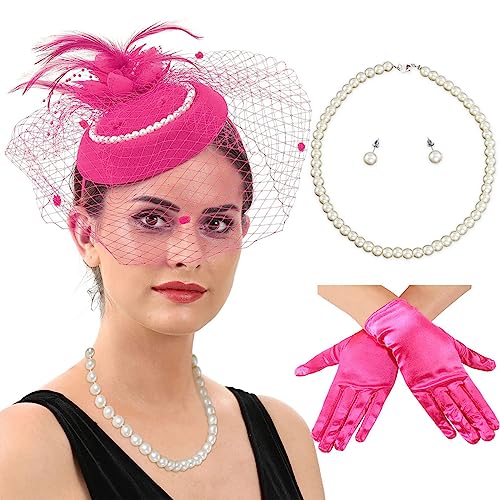 Ksikdeg 1 Set Damen-Haarreifen aus Netzstoff mit Schleier und Hut mit Perlen, Ohrringen, Halskette und Handschuhen, Halloween, Cosplay, Abschlussball, Partyzubehör für Damen von Ksikdeg