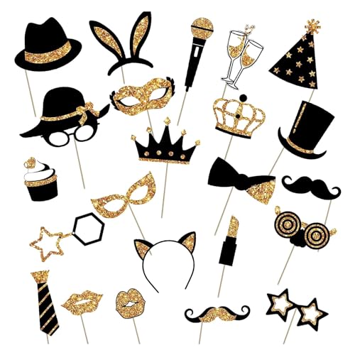 Ksvaye 24-teiliges Fotoautomat Requisiten Party Foto Booth Props Fotobox Accessoires Mischung mit Hut, Lippenstift, Krawatte, Kronen für Geburtstag Hochzeit Halloween Abschluss Weihnachten (Gold) von Ksvaye