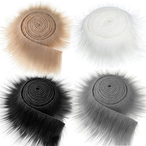 Ksvaye 4 Stück Kunstfell zum Basteln 5 x 150 cm Langhaarplüsch, Fell zum Basteln Meterware, Fellstoff, Kunstpelz Band für Wichtelbart Santa Hair Dwarf DIY Dekoration (Weiß Braun Schwarz Grau) von Ksvaye