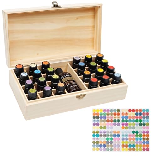 Ksvaye Ätherische öle Aufbewahrung holz 25 Löcher Tragbar Ätherische Öle Holzbox Ätherische Öle Display Organizer mit Aufkleber für Ätherische Öle und Duftöle von Ksvaye